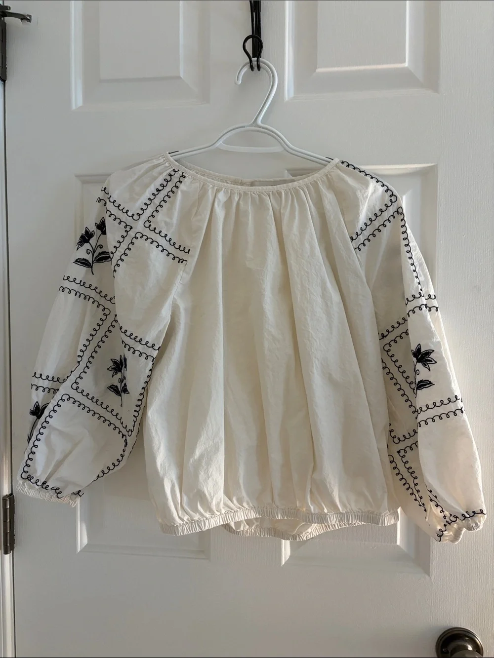 LOFT Cream Peasant Blouse with Black Embroidery